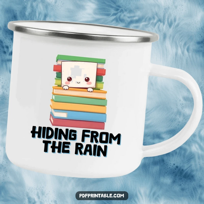 Funny Camping Mug featuring a paper character peeking from behind colorful pages, perfect for readers enjoying the outdoors.