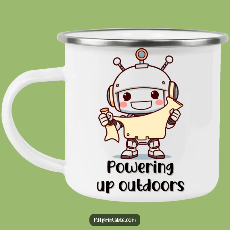 Funny Robot Scroll Camping Mug: Hilarious Outdoor Companion for Tech Explorers