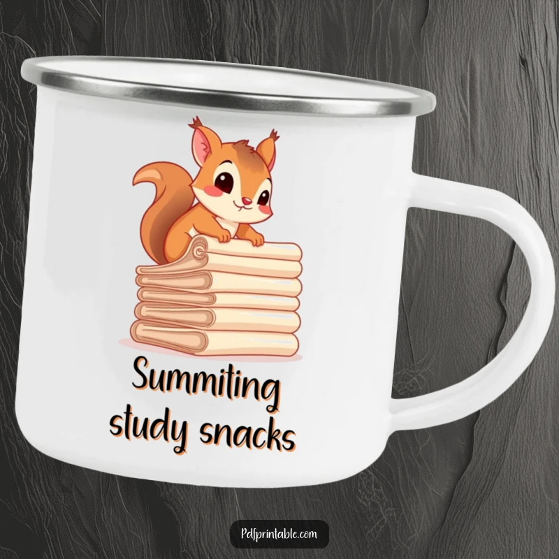 Funny squirrel character climbing a stack of rolled documents by a campfire, highlighting adventure and humor on a camping mug.