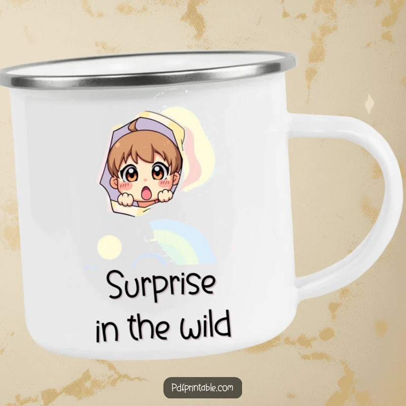 Funny camping mug with a surprised character peeking from a colorful page, bringing playful charm to outdoor settings.