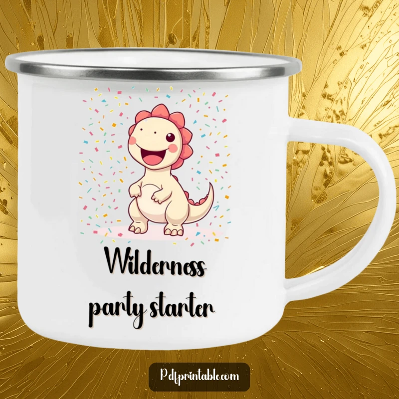 Funny kawaii dinosaur character joyfully printing a large confetti pattern, depicted on a durable camping mug for humorous outdoor enjoyment.
