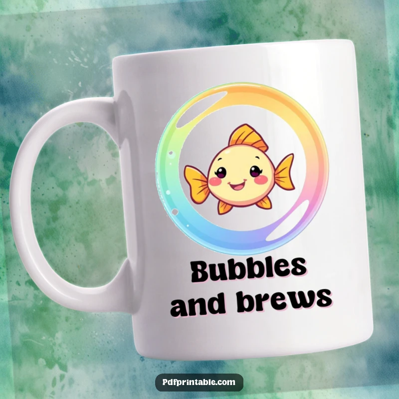 Funny Fish Mug: A smiling fish swims happily through a vibrant rainbow bubble, radiating pure aquatic joy.