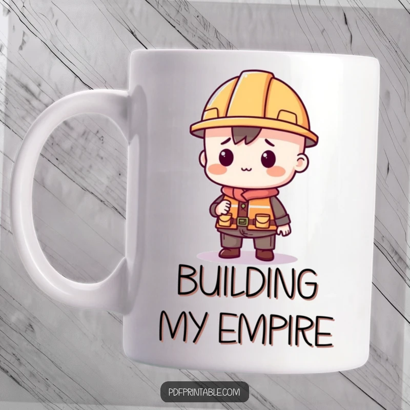 Funny mug featuring a character in a tiny construction hat assembling colorful shapes, symbolizing creativity and building fun.