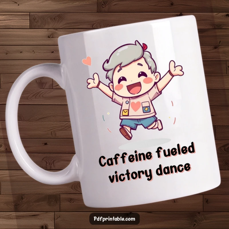 Funny Mug showing a character bouncing with pure excitement and joy after successfully completing a fun project.
