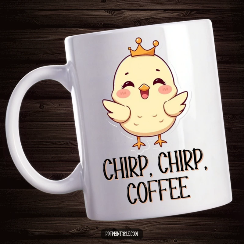 Funny Chick Mug: A happy chick chirps proudly while wearing a tiny golden crown, exuding royal charm.