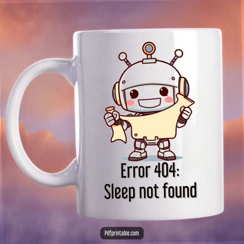 Funny grinning robot holding an unfurled scroll with a smile on a mug, perfect funny gift.