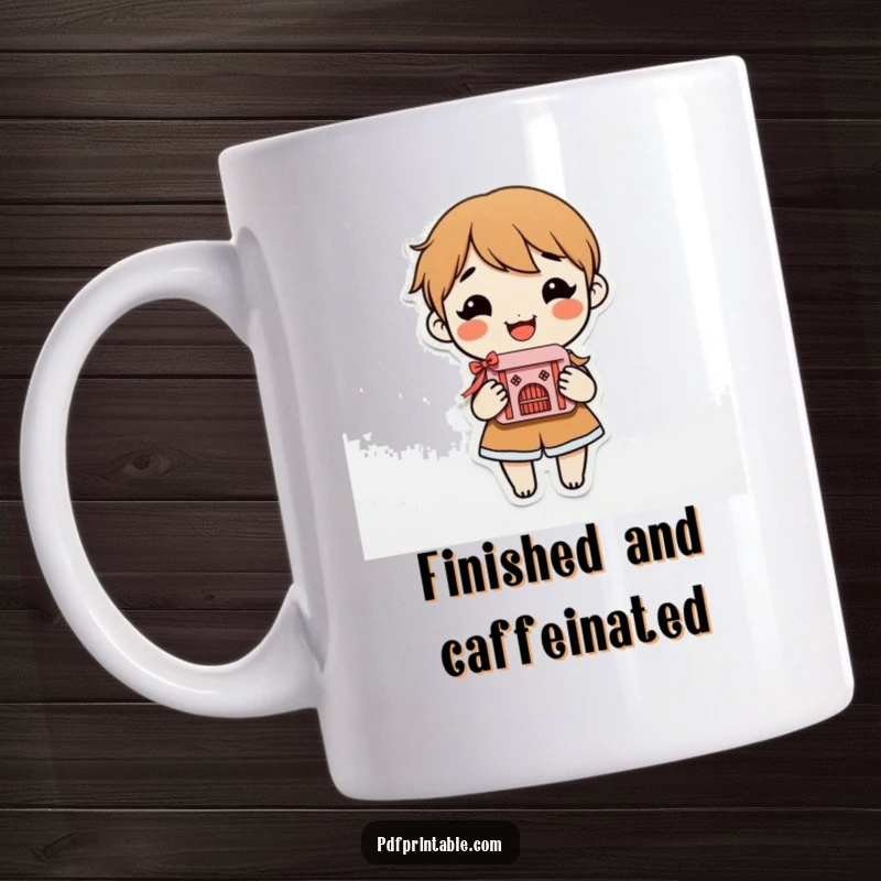 Funny Mug featuring a smiling character proudly holding a beautiful, intricate paper craft, radiating joy and artistic success.