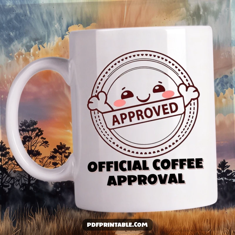 Funny mug featuring a happy character joyfully stamping an Approved seal on a printable, symbolizing satisfaction and success.