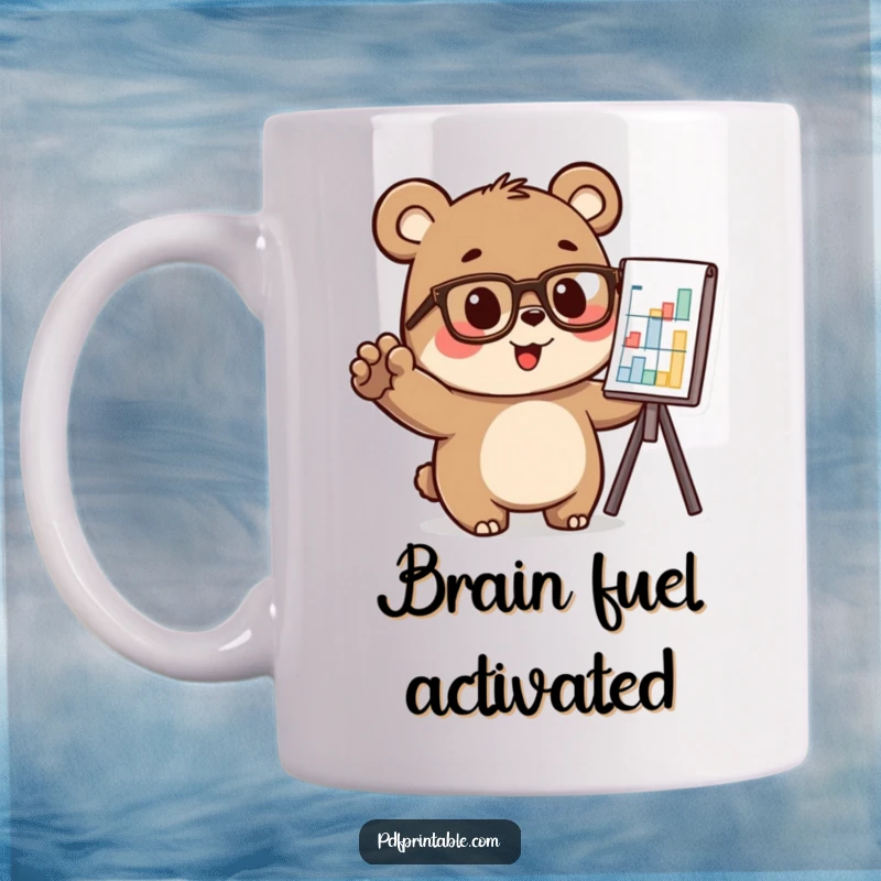 Funny little bear wearing glasses, excitedly pointing at a chart on a mug, perfect funny gift.