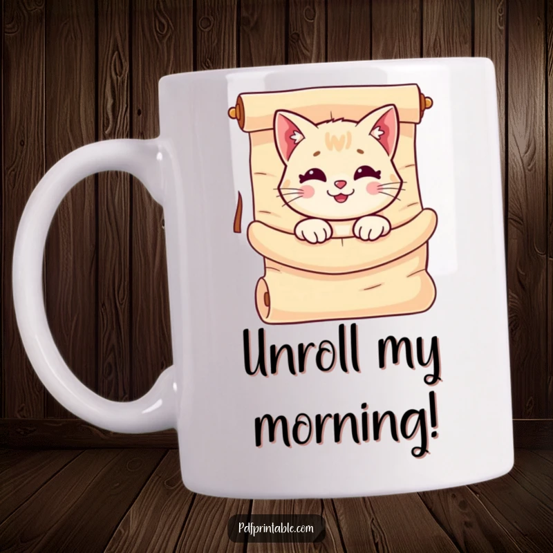 Funny Cat Scroll Mug featuring a smiling cat character peeking curiously out of a large, unrolled scroll, radiating playful curiosity.