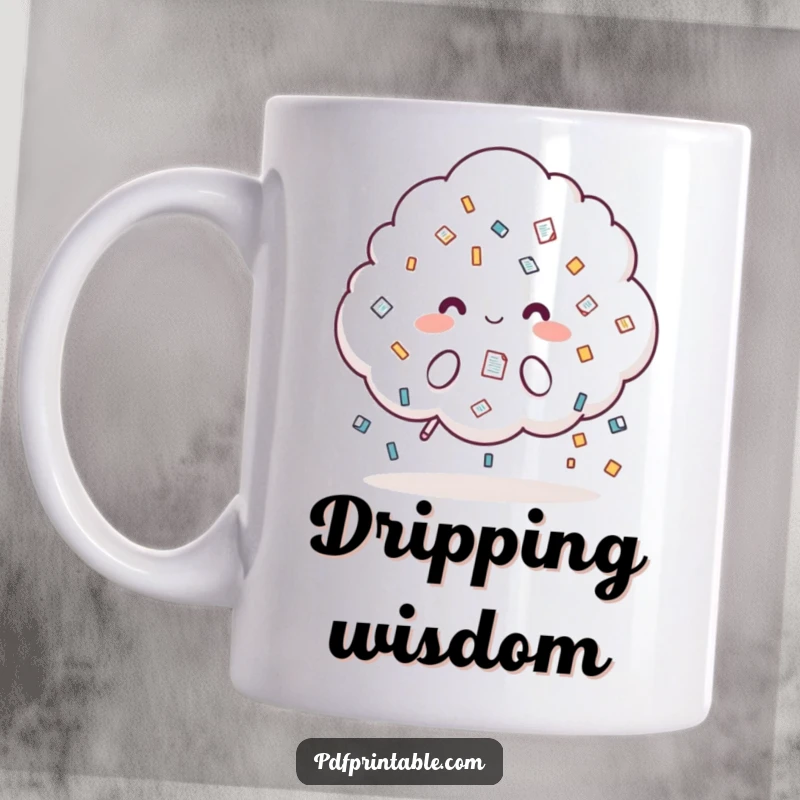 Funny Mug: Fluffy white cloud character raining small stylized document icons, symbolizing a 'shower' of paperwork with a smile.