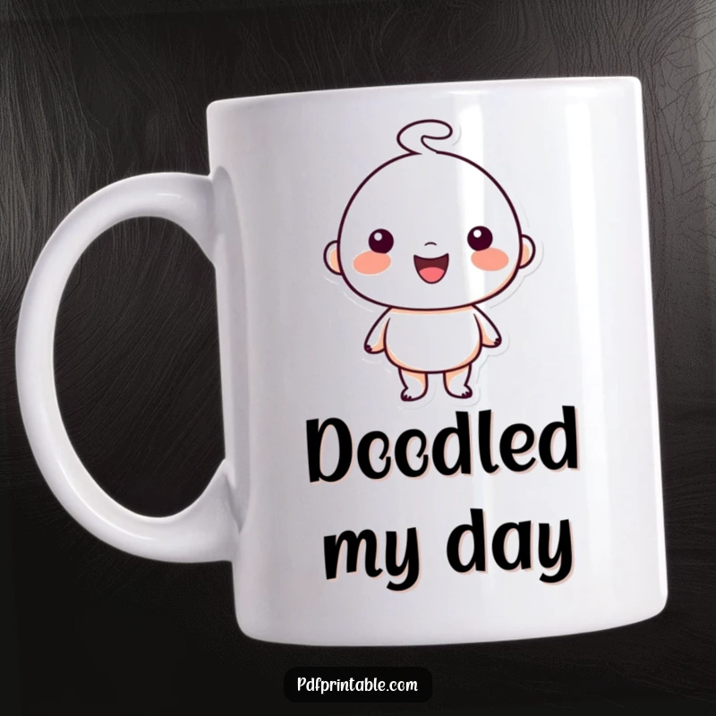 Funny Mug: Happy character proudly showing off a simple charming doodle artwork, symbolizing creativity and joy, a humorous desk accessory.