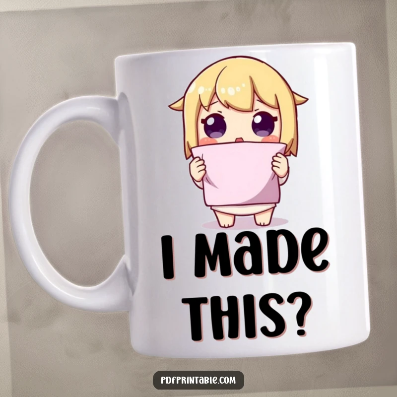 Funny Folded Shape Surprise Mug featuring a character with a surprised expression holding up a perfectly folded shape, amazed delight.