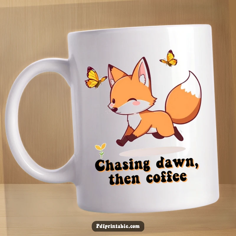 Funny playful fox chasing a fluttering butterfly on a mug, symbolizing nature's beauty and lighthearted pursuits.