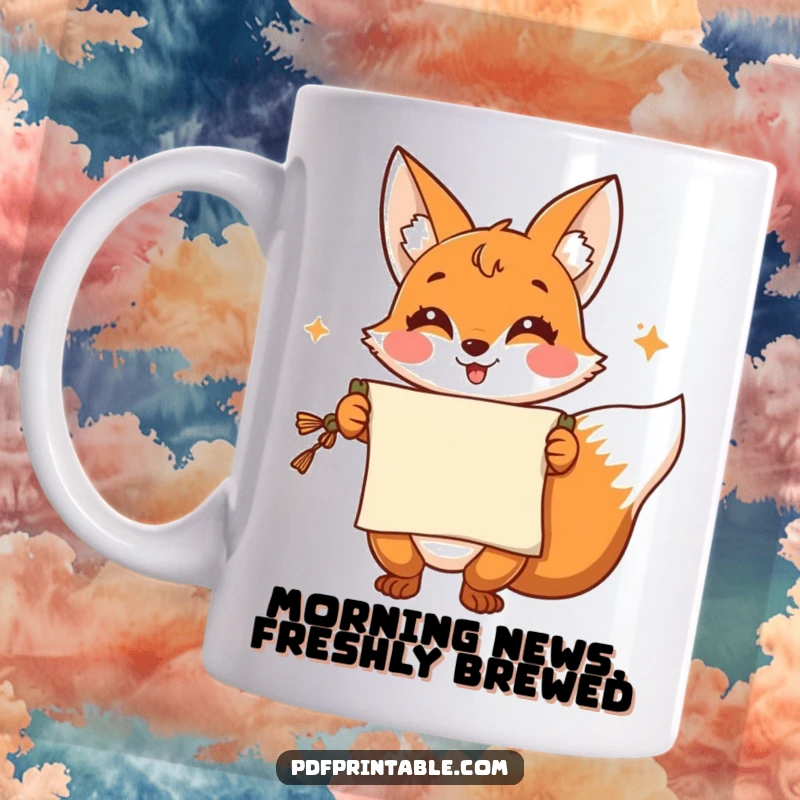 Funny Mug: A cheerful fox presents a scroll with a flourish, symbolizing cleverness and storytelling, perfect for a witty start.