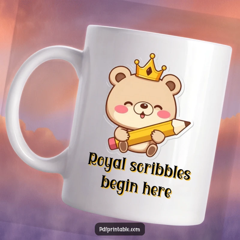 Funny Mug: Giggling bear king with tiny crown holds giant pencil, exuding royal creative energy and playful humor.