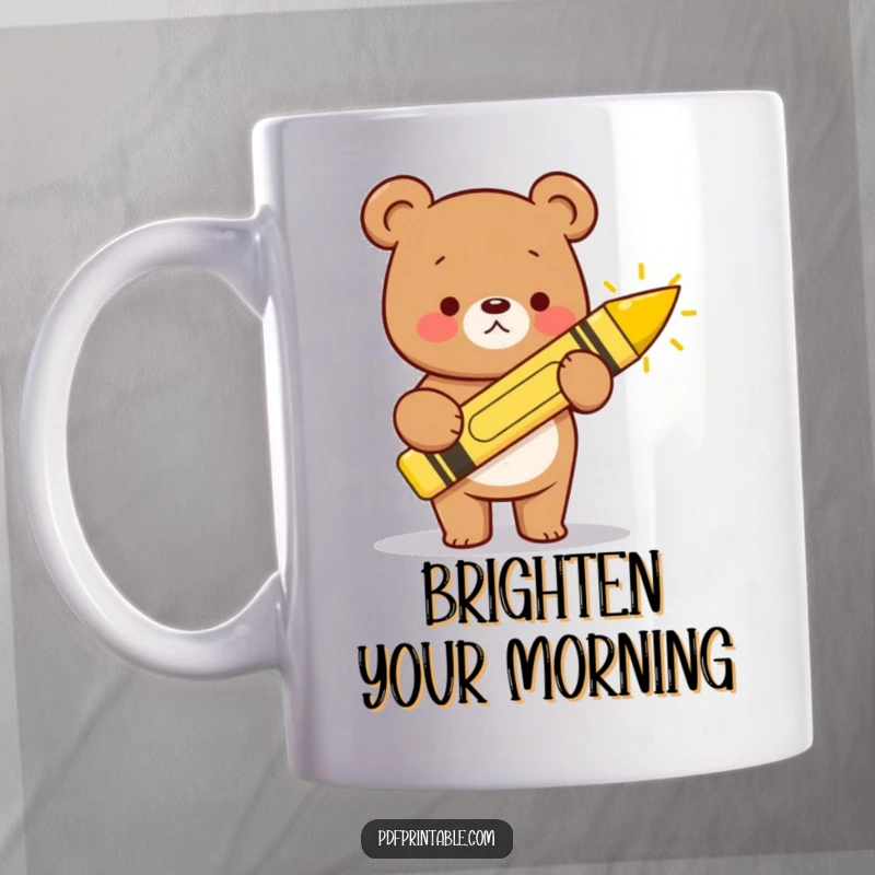 Funny kawaii bear with a giant crayon, joyfully drawing a bright, happy sun, bringing cheerful vibes to this cute mug.