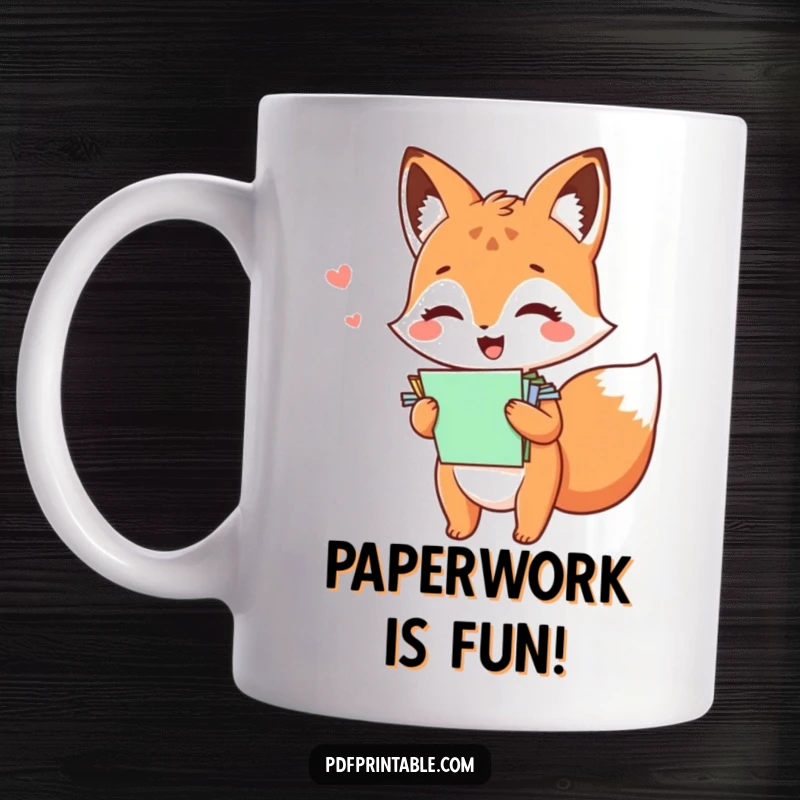 Funny kawaii fox giggling while holding a stack of colorful papers, adding cheerful vibes to this cute mug.