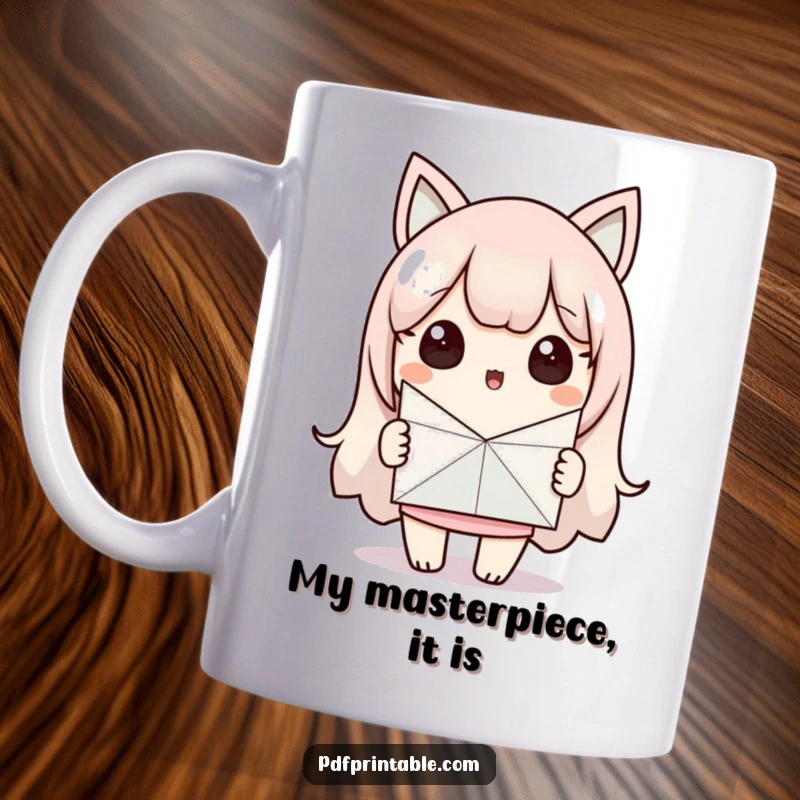 Funny Mug: Surprised Kawaii character proudly displays a handmade paper craft, beaming with accomplishment. A hilarious gift for crafters.