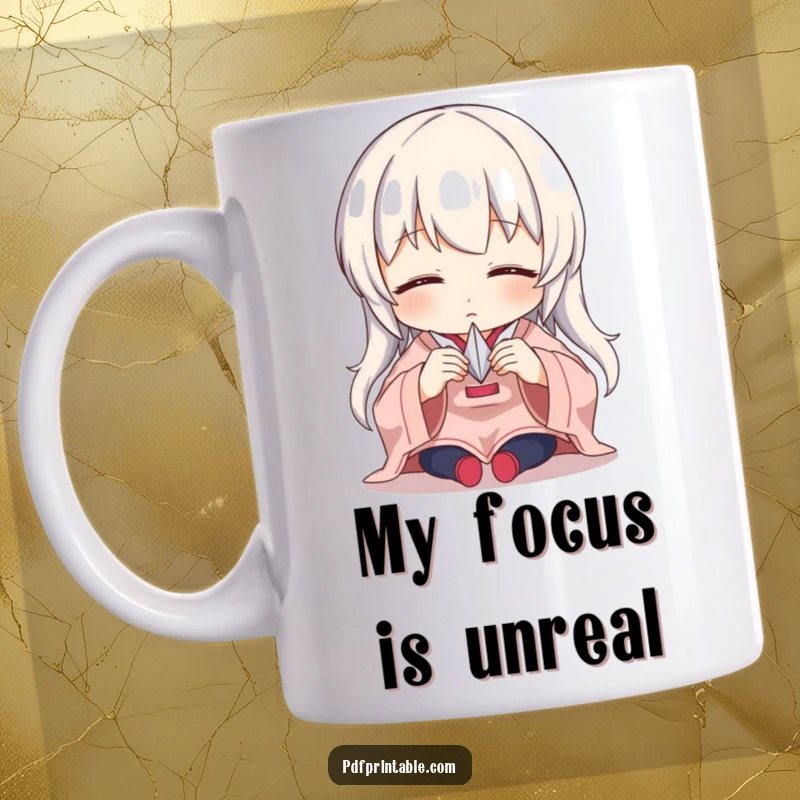 Funny Mug featuring a focused character meticulously folding a tiny, delicate paper crane with intense concentration and artistic flair.