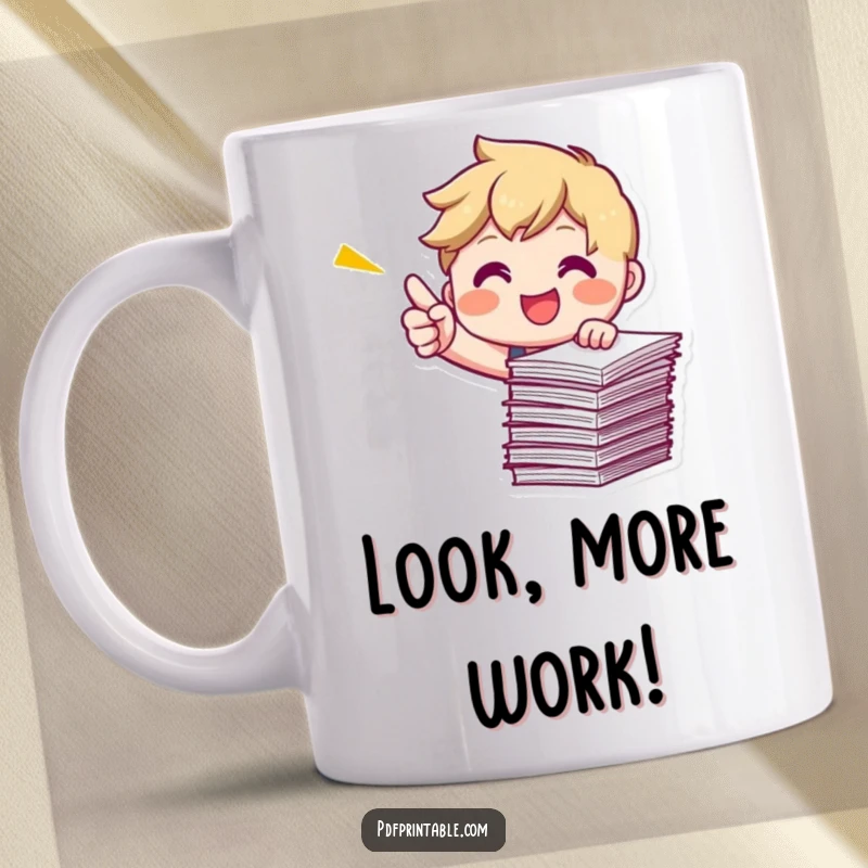 Funny Pointing Papers Mug featuring a smiling character energetically pointing at a stack of papers, organized and proud.