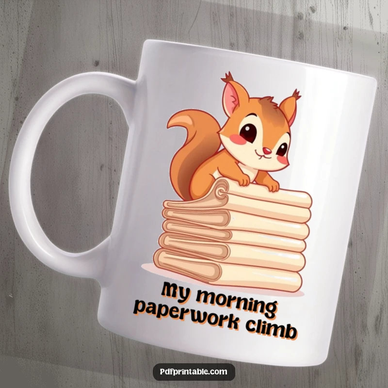 Funny squirrel character comically climbing a tall stack of rolled documents, looking determined and slightly mischievous, ideal gift.