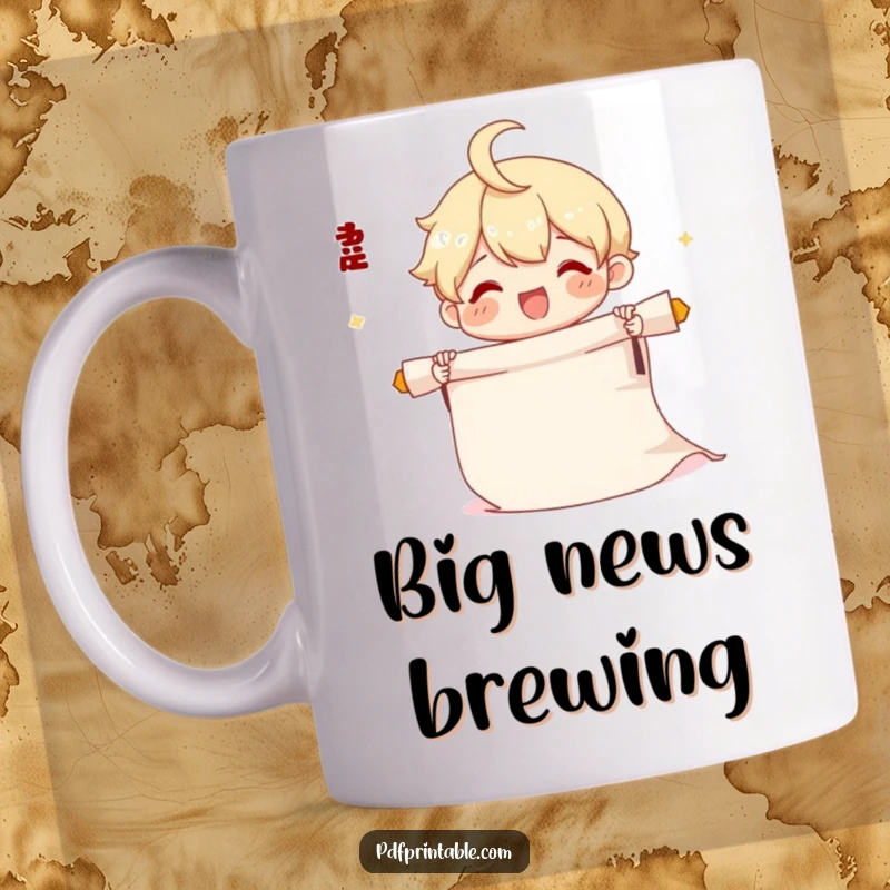 Funny Unrolling Scroll Mug showing a cute character joyfully unrolling a long scroll, celebrating discoveries with delight.