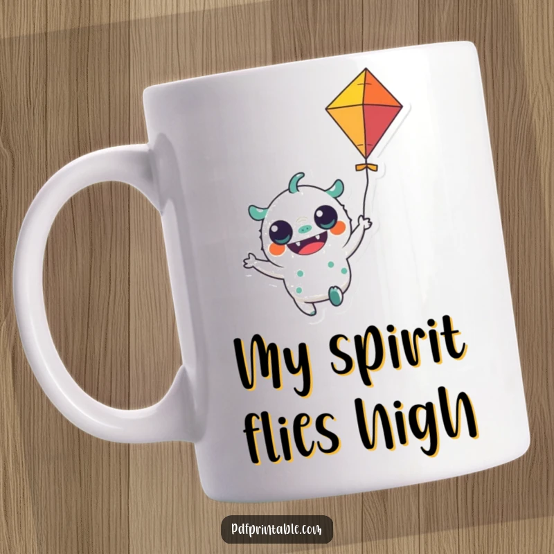 Funny Mug: A cheerful monster character joyfully holding a colorful kite flying high, perfect for a fun gift.