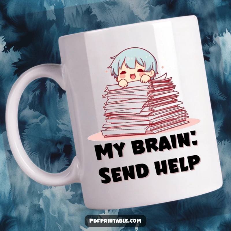 Funny mug featuring a stressed character hilariously falling out of a huge stack of papers, symbolizing work chaos and deadline dread.