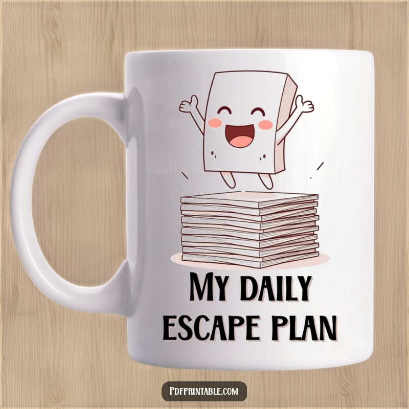 Funny Mug showing a happy paper character excitedly leaping from a stack of papers. Capturing freedom and enthusiasm with office humor.