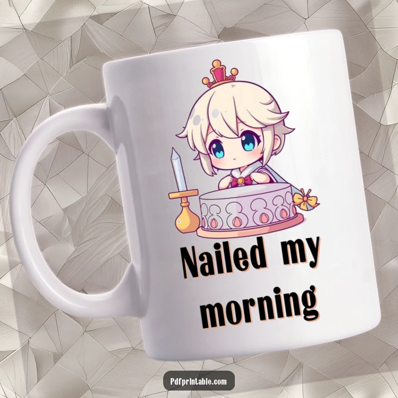 Funny Mug: Character beaming with immense pride, looking at a finished creation, symbolizing accomplishment and satisfaction, a humorous desk accessory.