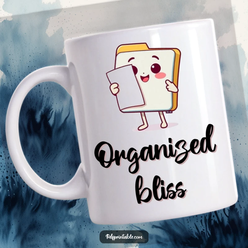 Funny Mug: A happy folder character proudly presenting a document with a dramatic flourish, celebrating organization and presentation.