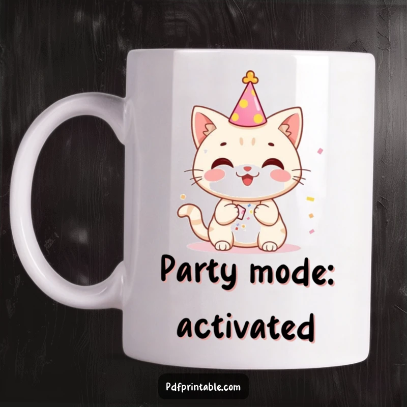 Funny happy cat wearing a party hat, joyfully popping a tiny confetti popper, spreading cheer on a mug.