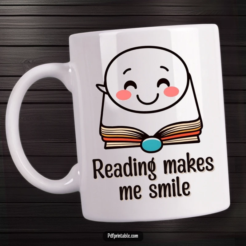 Funny Mug: A happy book character with a speech bubble showing a smiling face, perfect for a book lover's gift.
