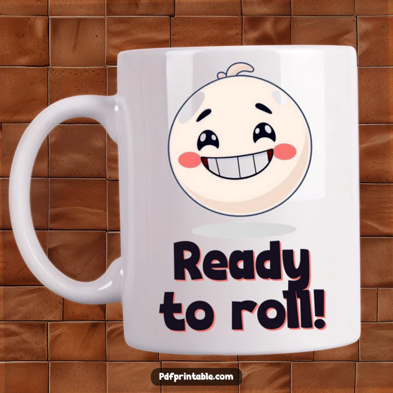 Funny Mug featuring a bouncy ball character with a huge grin, poised and ready to bounce with excitement.