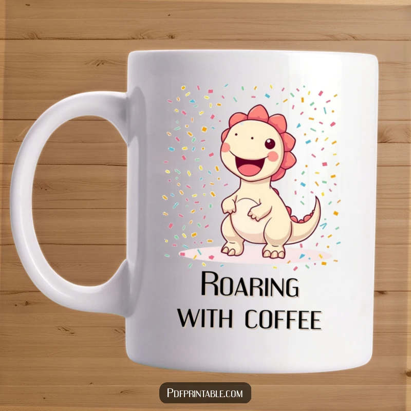 Funny kawaii dinosaur character joyfully printing a huge, vibrant, and colorful confetti pattern, spreading festive cheer.