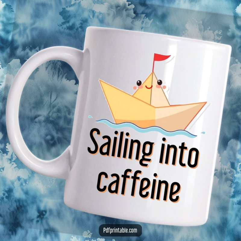 Funny Mug featuring a cheerful paper boat character sailing happily on a blue wavy line, evoking a sense of fun.