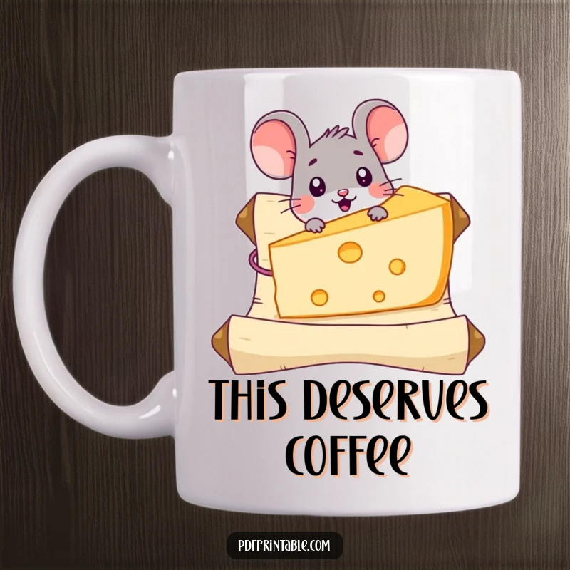 Funny Mouse Cheese Mug featuring a surprised mouse character discovering a giant piece of cheese on a scroll, embodying treasure hunting joy.