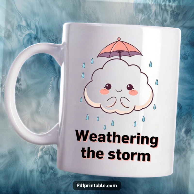 Funny Mug: A cute cloud character holding a tiny umbrella, happily catching raindrops, perfect for a cozy gift.
