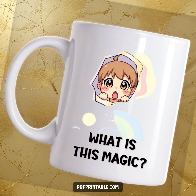 Funny mug showing a surprised character peeking from a giant, colorful printable page, embodying playful curiosity.