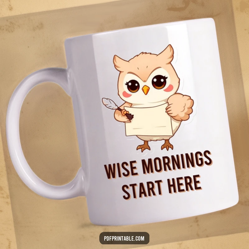 Funny Mug: A playful owl with a scroll and quill delivers a message, representing wisdom and wit, perfect for a thoughtful start.