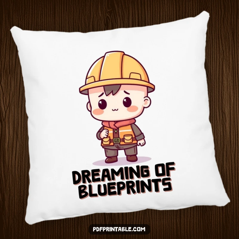 Funny pillow featuring a character in a construction hat building with geometric shapes, perfect for adding humor to a room.