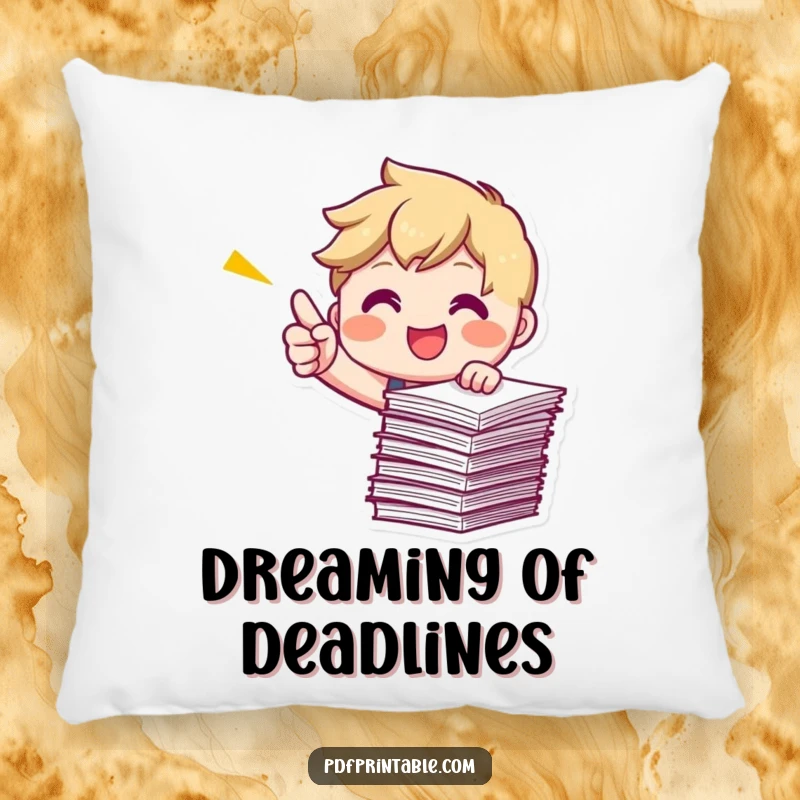 Funny Pointing Papers Pillow featuring a smiling character energetically pointing at a stack of papers, offering plush motivation.
