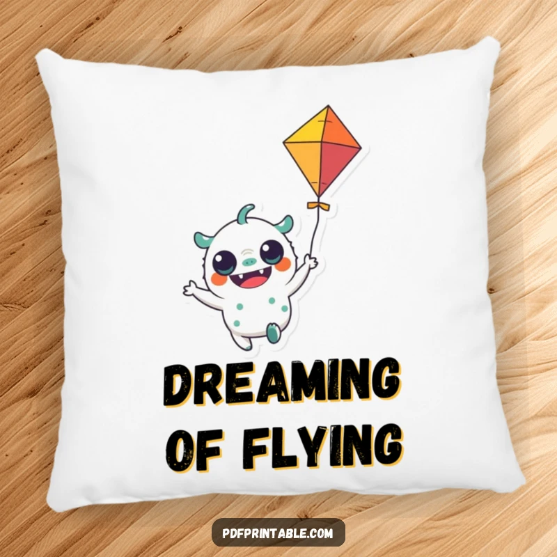 Funny Pillow: A plush pillow with a cheerful monster character holding a colorful kite flying, perfect for playful cuddles.