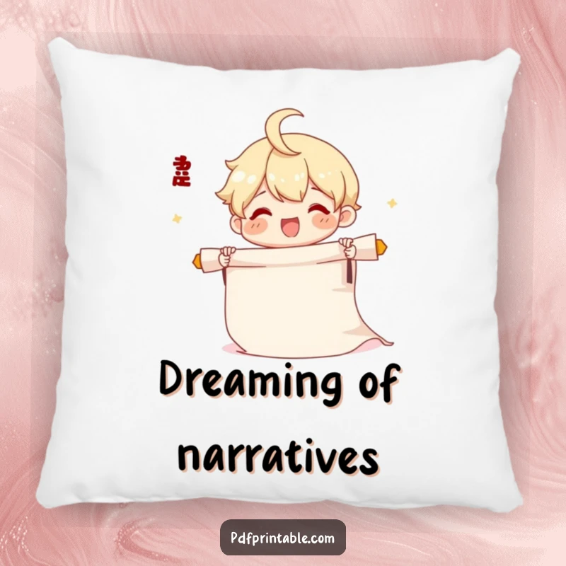 Funny Scroll Pillow featuring a cute character joyfully unrolling a long scroll, offering plush comfort and creative inspiration.