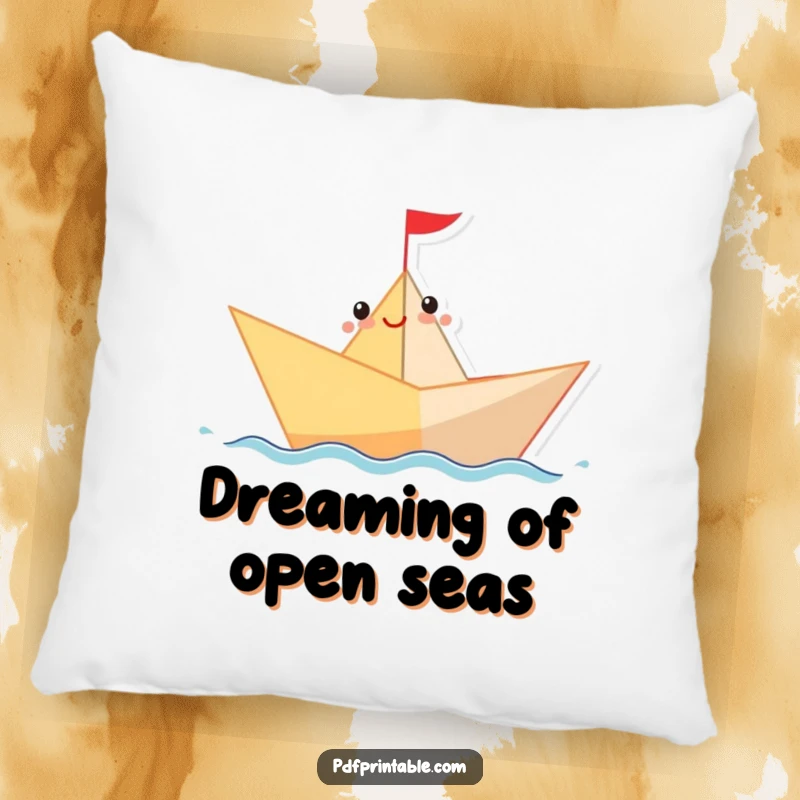 Funny Pillow featuring a happy paper boat character sailing on a wavy line, offering comfort and a touch of nautical humor.