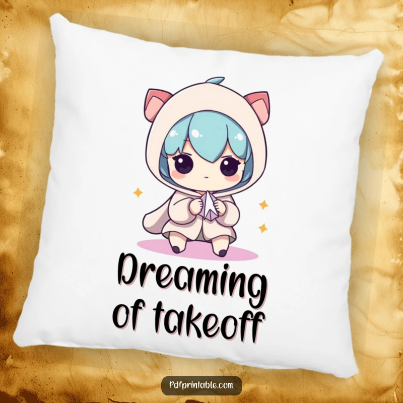 Funny Pillow: Character concentrating deeply on folding a small paper airplane, a symbol of playful creativity and skill, a soft funny gift.