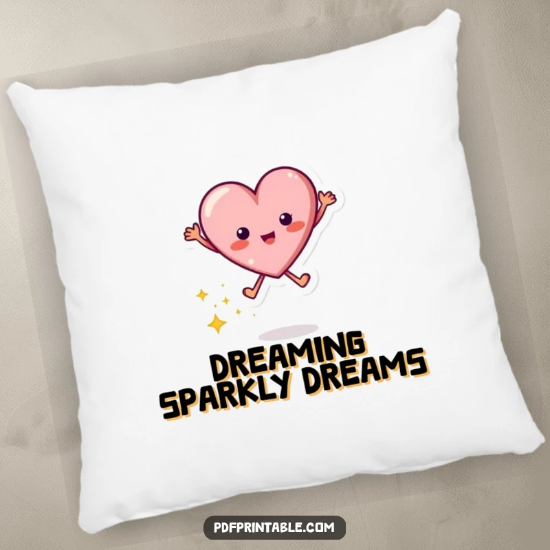 Funny pillow showcasing a joyful jumping heart character leaving a sparkling trail, designed for maximum comfort and cheer.