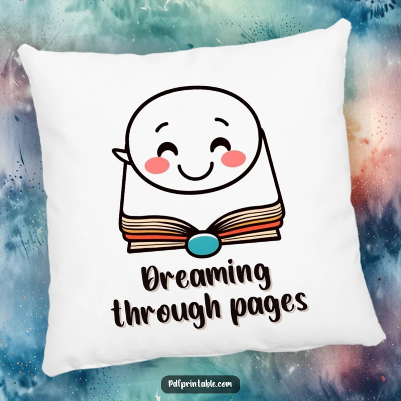 Funny Pillow: A plush pillow with a happy book character and a smiling speech bubble, perfect for cozy reading.
