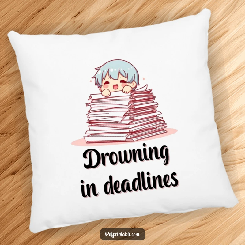 Funny pillow featuring a character hilariously tumbling out of a massive pile of papers, perfect for adding humor to a sofa.